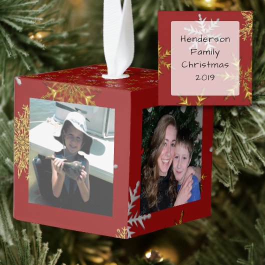 Gouden Sneeuwvlokken Kerstfoto's Cube Ornament