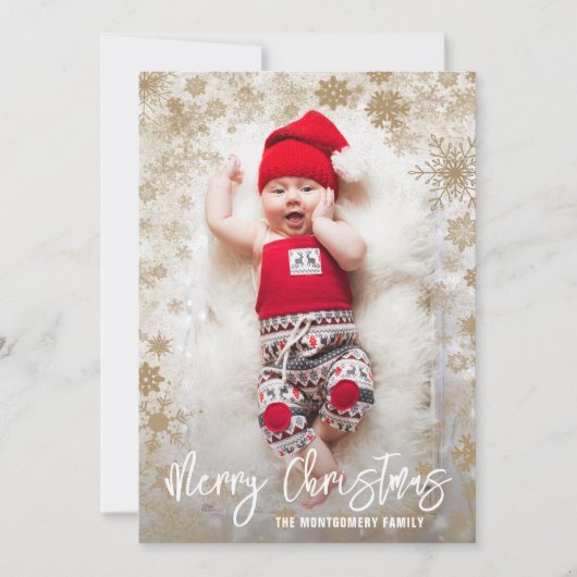 Gouden Sneeuwvlokken Kerstmis Foto Geboorte Aankondiging (Voorkant)
