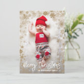 Gouden Sneeuwvlokken Kerstmis Foto Geboorte Aankondiging (Staand voorkant)