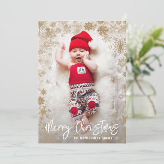 Gouden Sneeuwvlokken Kerstmis Foto Geboorte Aankondiging (Staand voorkant)