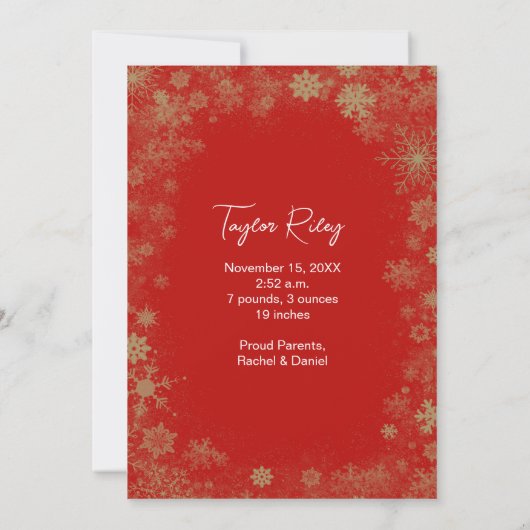 Gouden Sneeuwvlokken Kerstmis Foto Geboorte Aankondiging (Achterkant)