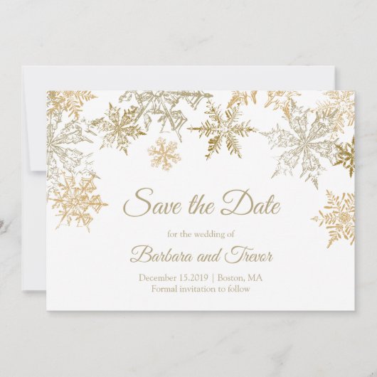 Gouden Sneeuwvlokken Kerstmis Thema Winter Bruilof Save The Date (Voorkant)