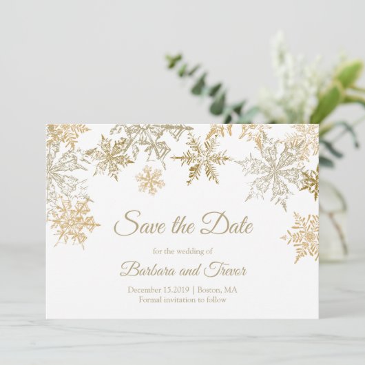 Gouden Sneeuwvlokken Kerstmis Thema Winter Bruilof Save The Date (Staand voorkant)