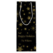 Gouden Sneeuwvlokken Kerstmis Zwart Gepersonalisee Wijn Cadeautas (Achterkant)