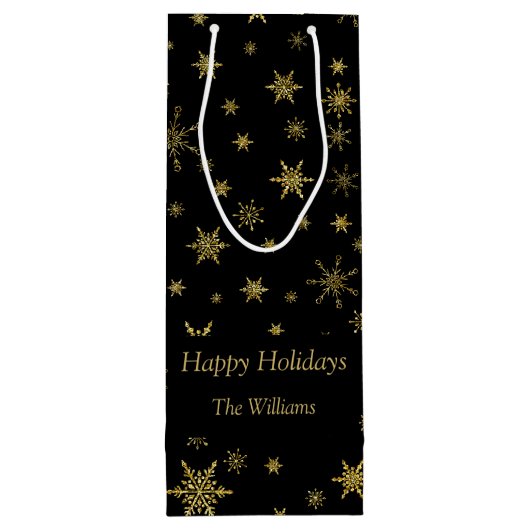Gouden Sneeuwvlokken Kerstmis Zwart Gepersonalisee Wijn Cadeautas (Achterkant)