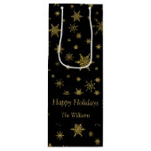 Gouden Sneeuwvlokken Kerstmis Zwart Gepersonalisee Wijn Cadeautas (Voorkant)