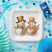 Gouden Sneeuwvlokken met Sneeuwman Papieren Bordje (Feest)