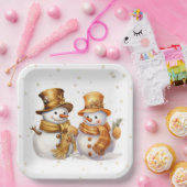 Gouden Sneeuwvlokken met Sneeuwman Papieren Bordje (Feest)
