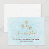 Gouden sneeuwvlokken op Blue Frost Save The Date Briefkaart (Voorkant / Achterkant)