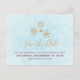 Gouden sneeuwvlokken op Blue Frost Save The Date Briefkaart