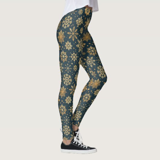 Gouden Sneeuwvlokken op Donkerblauw Leggings (Rechts)