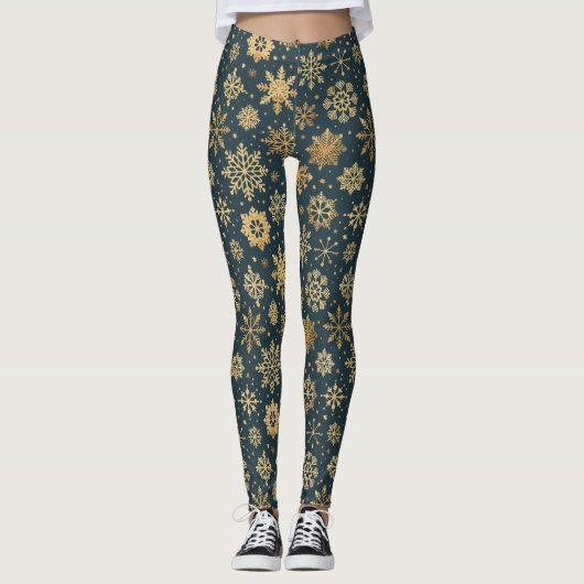 Gouden Sneeuwvlokken op Donkerblauw Leggings (Voorkant)