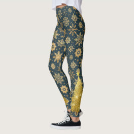 Gouden sneeuwvlokken op donkerblauw met boom leggings