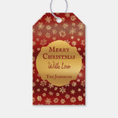 Gouden sneeuwvlokken op donkerrode achtergrond Ker Cadeaulabel (Voorkant)