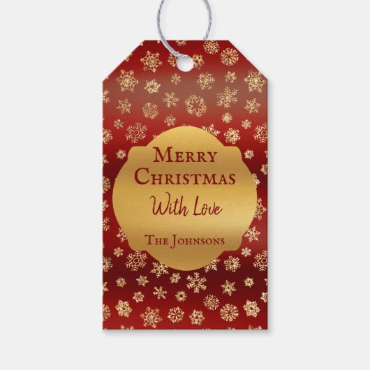 Gouden sneeuwvlokken op donkerrode achtergrond Ker Cadeaulabel (Voorkant)