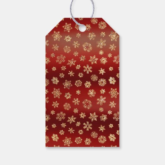 Gouden sneeuwvlokken op donkerrode achtergrond Ker Cadeaulabel (Achterkant)