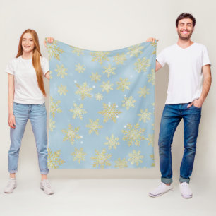 Gouden Sneeuwvlokken op Hemelblauw – Elegante Wint Fleece Deken