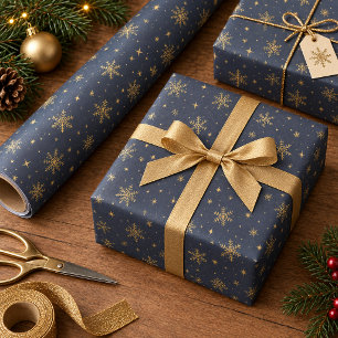 Gouden sneeuwvlokken op optioneel marineblauw ID13 Cadeaupapier