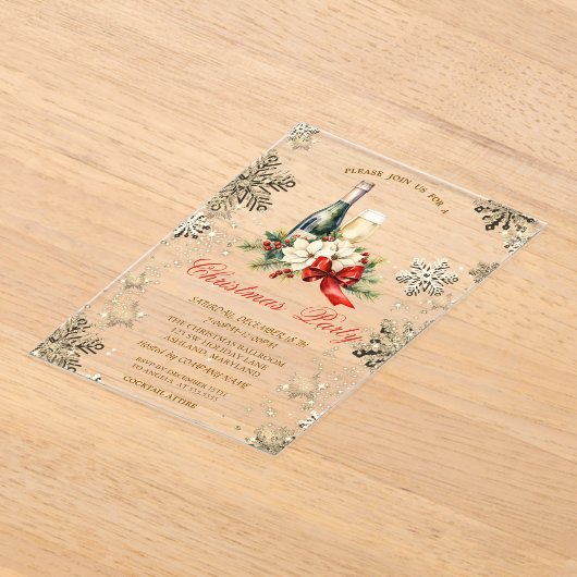 Gouden Sneeuwvlokken, Poinsettia Wijnbedrijf Party Acryl Uitnodigingen (Laagn)