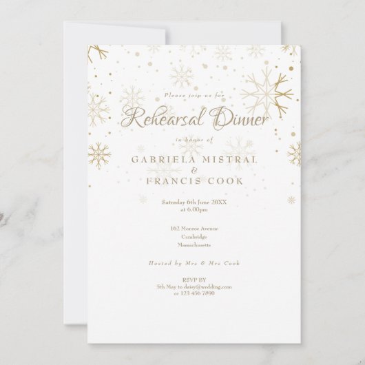 Gouden sneeuwvlokken repetitie diner kaart (Voorkant)