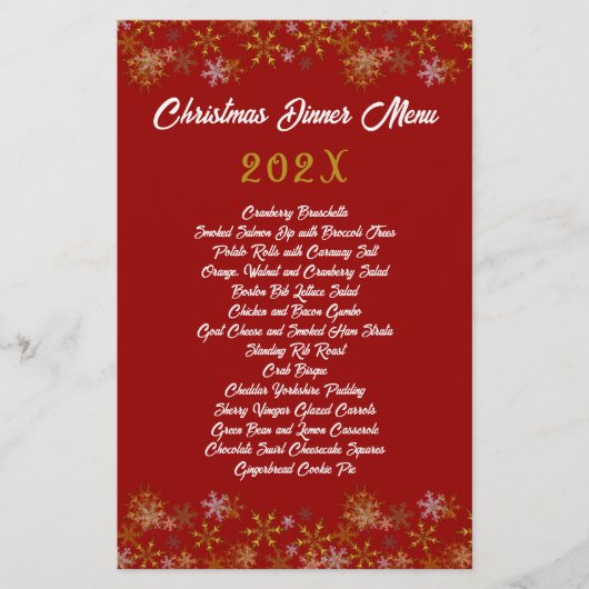 Gouden Sneeuwvlokken Rode Kerst Diner Menu (Voorkant)