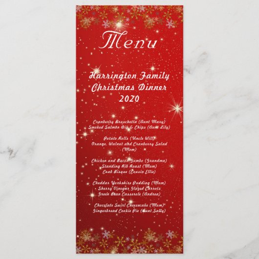 Gouden Sneeuwvlokken Rode Kerst Diner Menu (Voorkant)