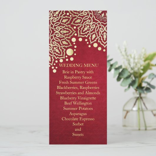 Gouden Sneeuwvlokken Rode Kerstmis Bruiloft Menu (Staand voorkant)