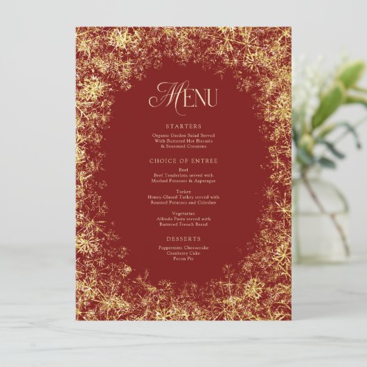 Gouden Sneeuwvlokken Rode Kerstmis Vakantie Diner Menu (Staand voorkant)