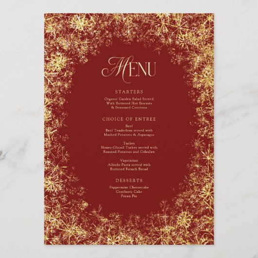 Gouden Sneeuwvlokken Rode Kerstmis Vakantie Diner Menu (Voorkant)