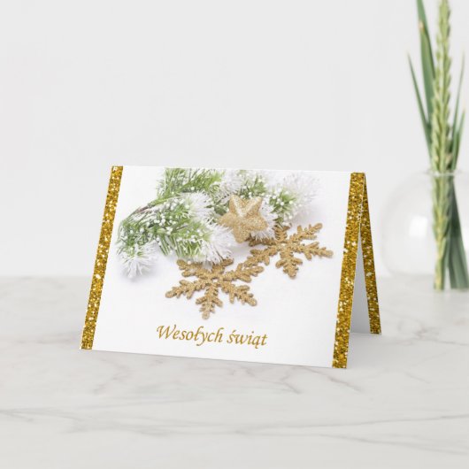 Gouden sneeuwvlokken, spar Poolse kerst Kaart (Voorkant)