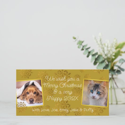 Gouden Sneeuwvlokken Twee Foto's Horizontaal  Feestdagenkaart (Staand voorkant)