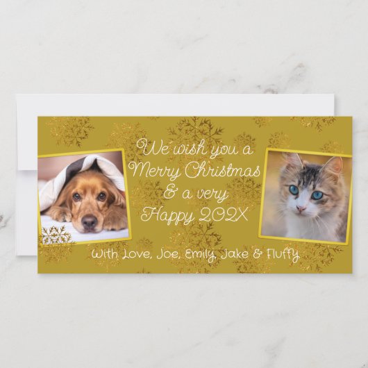Gouden Sneeuwvlokken Twee Foto's Horizontaal  Feestdagenkaart (Voorkant)