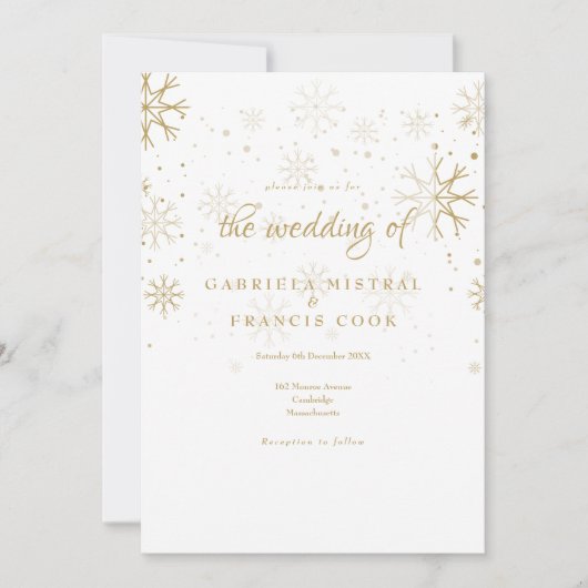 Gouden sneeuwvlokken Winter bruiloft uitnodiging (Voorkant)