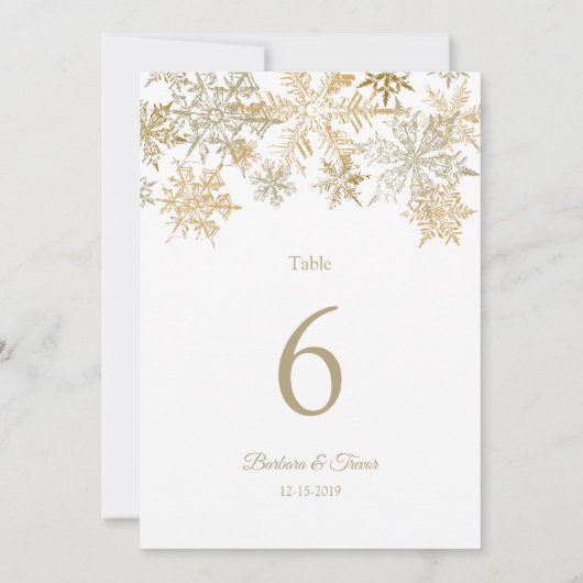 Gouden Sneeuwvlokken Winter Trouwtafel Nummers Kaart (Achterkant)