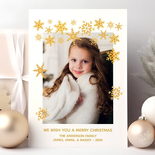 Gouden Sneeuwvlokken Witte Kerstkaart
