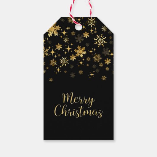 Gouden Sneeuwvlokken Zwarte Kerst Cadeaulabel (Voorkant)