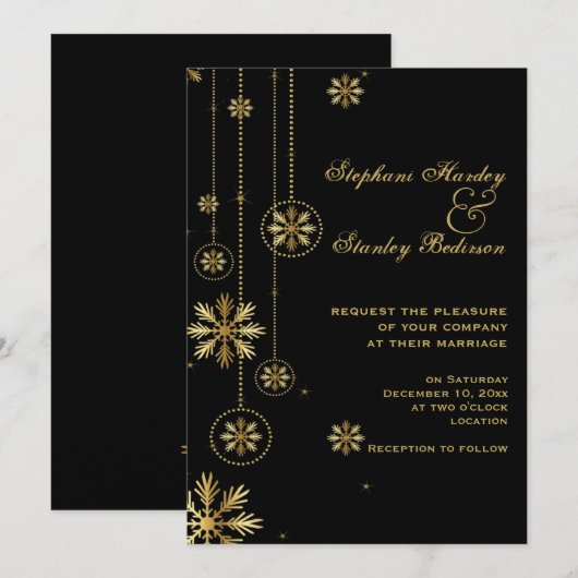 Gouden sneeuwvlokken zwarte winter bruiloft kaart (Voorkant / Achterkant)