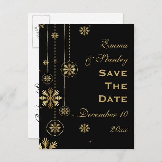 Gouden sneeuwvlokken zwarte winter bruiloft Save t Aankondigingskaart (Voorkant / Achterkant)