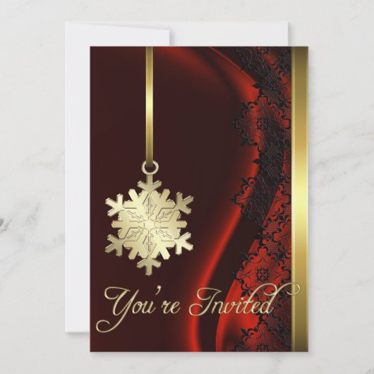 Gouden Snowflake Decoratie Rode Zijde Uitnodiging (Voorkant)