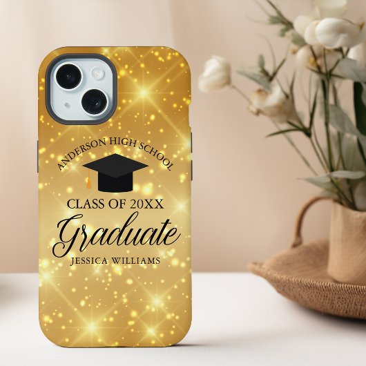 Gouden Sparkle Afstuderen Chic Custom 2025 Afstude iPhone 15 Case