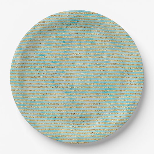 gouden Sparkle Aqua Waterverf Stripes Papieren Bordje (Voorkant)