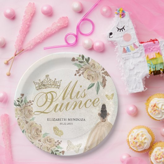 Gouden Sparkle Bloemen Prinses Quinceañera Verjaar Papieren Bordje (Feest)