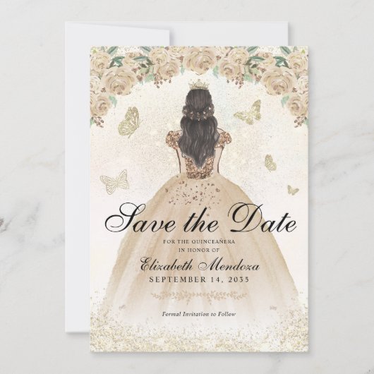 Gouden Sparkle Bloemen Prinses Quinceañera Verjaar Save The Date (Voorkant)