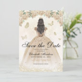 Gouden Sparkle Bloemen Prinses Quinceañera Verjaar Save The Date (Staand voorkant)