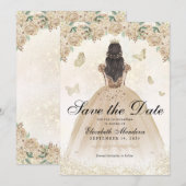 Gouden Sparkle Bloemen Prinses Quinceañera Verjaar Save The Date (Voorkant / Achterkant)