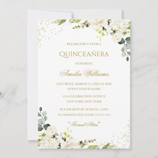 Gouden Sparkle Bloemen Quinceanera Uitnodiging (Voorkant)