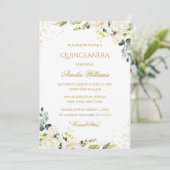 Gouden Sparkle Bloemen Quinceanera Uitnodiging (Staand voorkant)