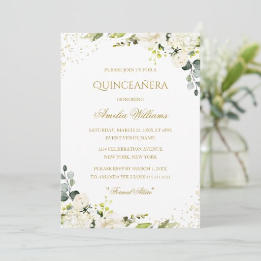 Gouden Sparkle Bloemen Quinceanera Uitnodiging (Staand voorkant)