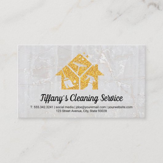 Gouden Sparkle Cleaning Service Pictogrammen Visitekaartje (Voorkant)