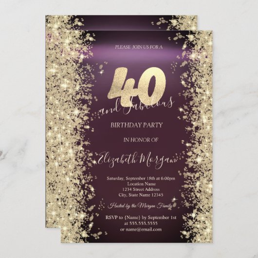 Gouden Sparkle Diamonds Bourgogne 40e verjaardag Kaart (Voorkant / Achterkant)